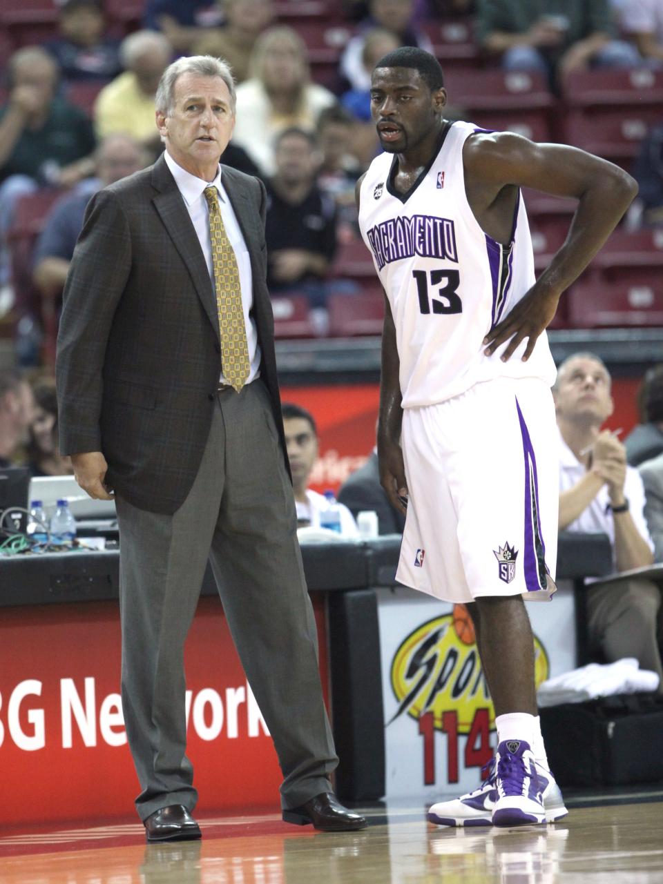 In this Saturday, Oct. 17, 2009 file photo, Sacramento Kings head coach Paul Westphal, left, talks with  guard Tyreke Evans, during an NBA preseason basketball game against Golden State Warriors in Sacramento, Calif.  Westphal, the Kings' fifth coach in the past five seasons, will work with a core of young players, like rookie Evans, to improve from last season's 17-65  record.