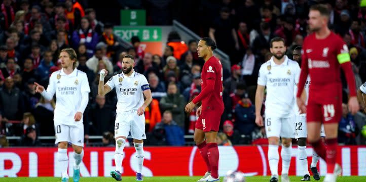 Real Madrid's Karim Benzema celebrates scoring their side's fourth goal of the game during the Champions League round of 16 match at Anfield, Liverpool. Picture date: Tuesday February 21, 2023. Credit: Alamy