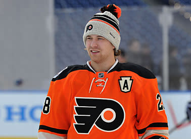 Claude Giroux, seen here during practice for the 2012 NHL Winter Classic in Philadelphia, has found a great on-ice partner in Jaromir Jagr