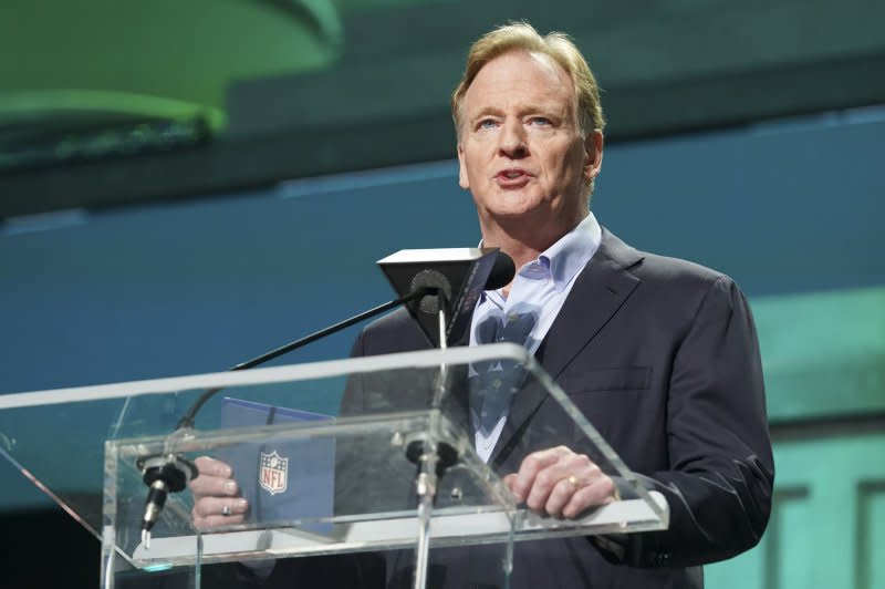 NFL Commissioner Roger Goodell announces an NFL Draft pick for the Eagles during the first round of the NFL Draft at Union Station in Kansas City, Mo., on April 27. Goodell turns 65 on February 19. File Photo by Kyle Rivas/UPI