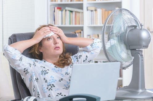   <span class="attribution"><a class="link " href="https://www.shutterstock.com/image-photo/woman-suffers-heat-while-working-office-1147165940?src=-1-33" rel="nofollow noopener" target="_blank" data-ylk="slk:Monika Wisniewska/Shutterstock;elm:context_link;itc:0;sec:content-canvas">Monika Wisniewska/Shutterstock</a></span>