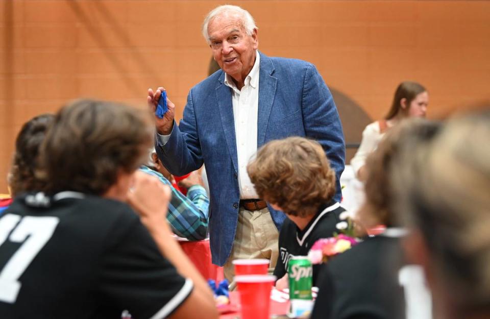 Former New York Yankees second baseman Bobby Richardson speaks with young athletes at Catawba Baptist Church in Rock Hill, S.C., on Sunday, April 23, 2023. Richardson speaks to groups regularly about his faith.