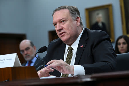 U.S. Secretary of State Mike Pompeo testifies at a House Appropriations Subcommittee hearing on the State Department's budget request for 2020 in Washington, D.C., U.S. March 27, 2019. REUTERS/Erin Scott