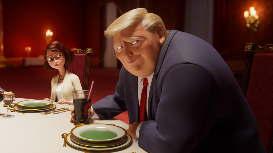 Donald Trump dines at the palace in animated movie 'The Queen's Corgi'. (Credit: Lionsgate)