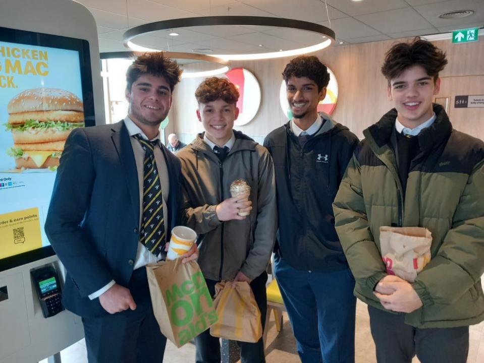 Bucks Free Press: Year 13 students from John Hampden School in Kamran Shah (far left), Zane Luiz (centre left), Rio Silva (centre right) and Ethan Kemp (far right) enjoy their lunch