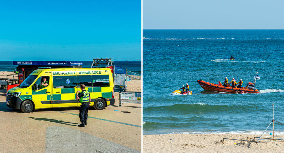 Ambulance and rescue boat at the beach.