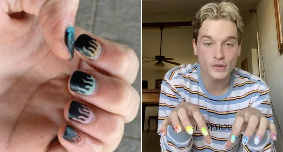 Left is a photo of Trevor Wilkinson's painted nails. On the right is the 17-year-old, from Texas, showing off his nails.