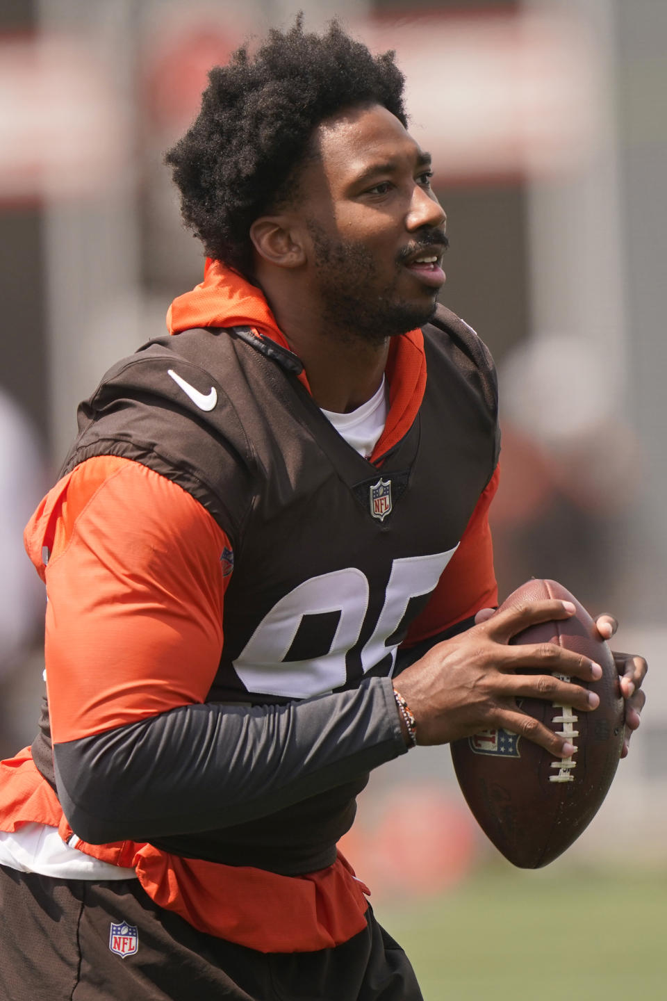 Cleveland Browns defensive end Myles Garrett is shown during an NFL football practice, Saturday, July 31, 2021, in Berea, Ohio. (AP Photo/Tony Dejak)