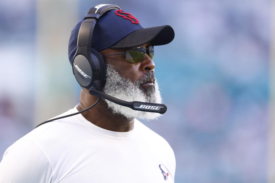 MIAMI GARDENS, FLORIDA - NOVEMBER 07: Defensive coordinator Lovie Smith of the Houston Texans looks on during the fourth quarter against the Miami Dolphins at Hard Rock Stadium on November 07, 2021 in Miami Gardens, Florida. (Photo by Michael Reaves/Getty Images)