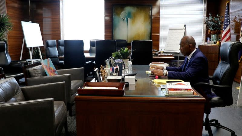 Mayor of Houston Sylvester Turner sits in his City Hall office in Houston, Texas