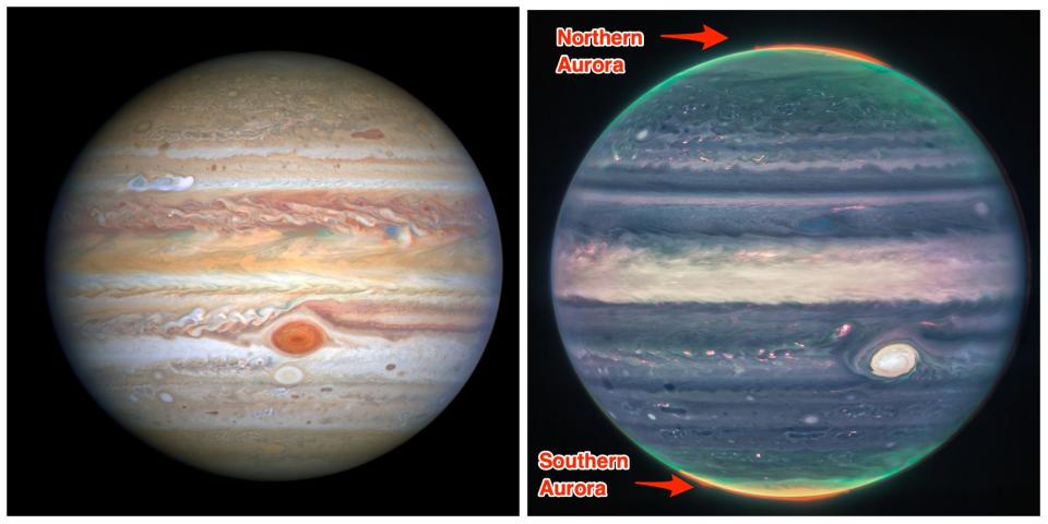 Hubble image of Jupiter (left) JWST image of Jupiter (right)