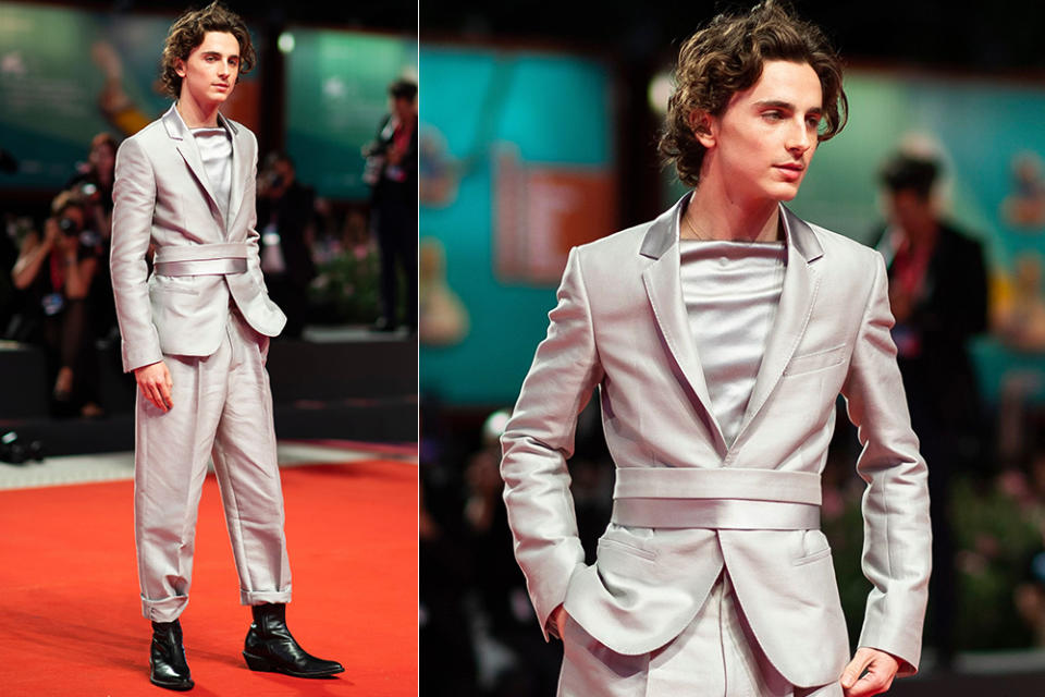 Timothee Chalamet at the 2019 Venice International Film Festival premiere of The King, wearing a Haider Ackermann suit.