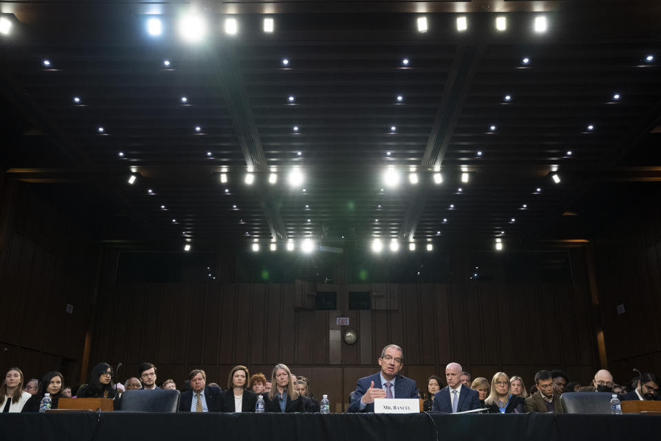 Moderna CEO and Director Stephane Bancel testifies before the Senate HELP Committee on the price of the COVID-19 vaccine, Wednesday, March 22, 2023, on Capitol Hill in Washington. (AP Photo/Jacquelyn Martin)