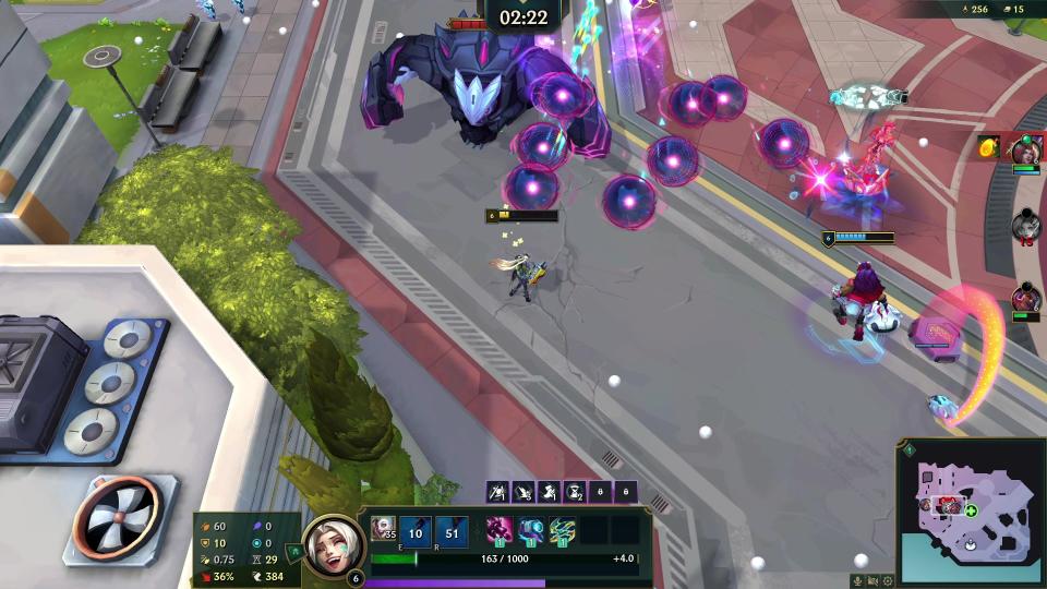 Gameplay from League of Legends' Swarm mode, showing the player character battling foes in an urban map.