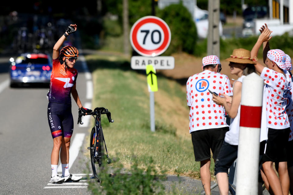 ALBI FRANCE  JULY 27 Barbara Malcotti of Italy and Team Human Powered Health with mechanical problem during the 37th Vuelta a Castilla Y Leon 2023 Stage 2 a 1862km stage from Coca to Segovia on July 27 2023 in Segovia Spain Photo by Alex BroadwayGetty Images