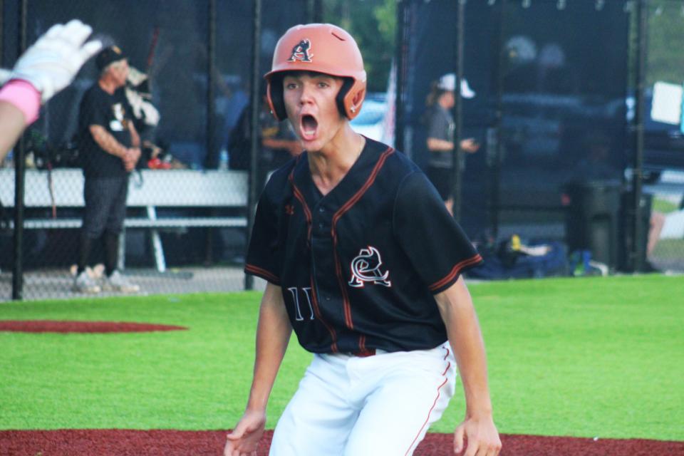 Atlantic Coast's Preston Cox reacts after crossing the plate to score a run in the third inning of the Gateway Conference high school baseball championship against Englewood on April 19, 2024. [Clayton Freeman/Florida Times-Union]