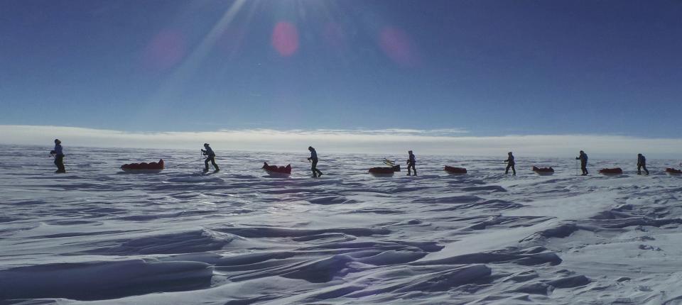 Team US trek on the first day of the Virgin Money South Pole Allied Challenge 2013 expedition in Antarctica