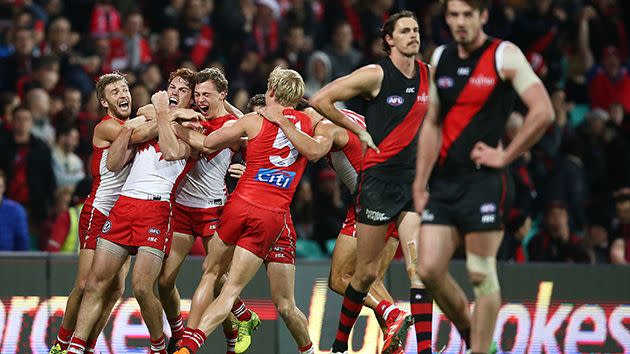 The Swans celebrate. Image: Channel 7