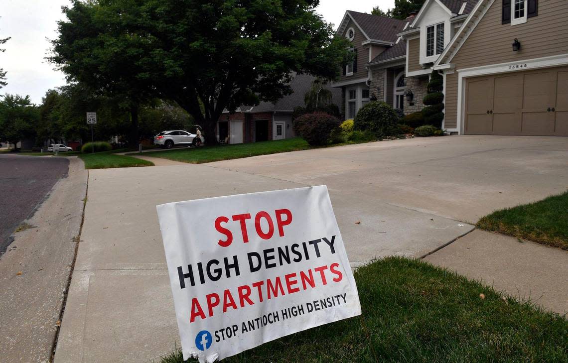 Signs opposing the construction of apartments were placed in a neighborhood near 139th and Hadley streets in Overland Park.