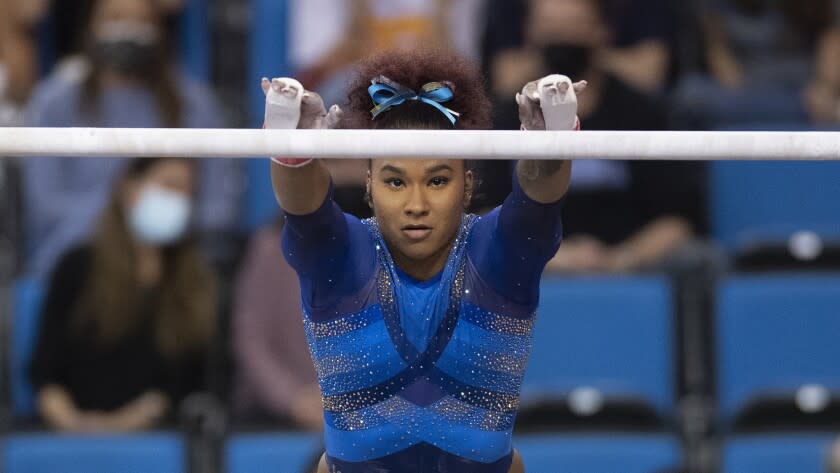 UCLA's Jordan Chiles on the uneven parallel bars during.