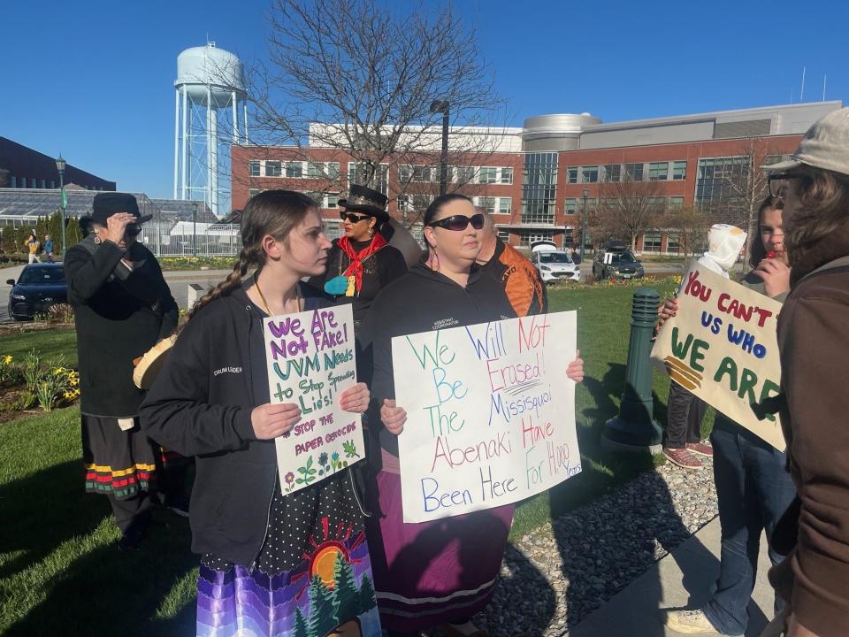 Protestors objecting to the event at the University of Vermont denouncing Vermont Abenakis as frauds were outside the Davis Center on April 25, 2024.