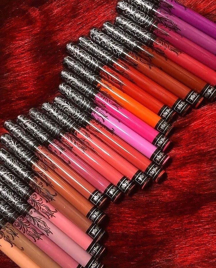 Several bold Kat Von D Everlasting Liquid Lipstick shades, like a bright purple and a gray, made an early appearance at The Makeup Show Orlando.