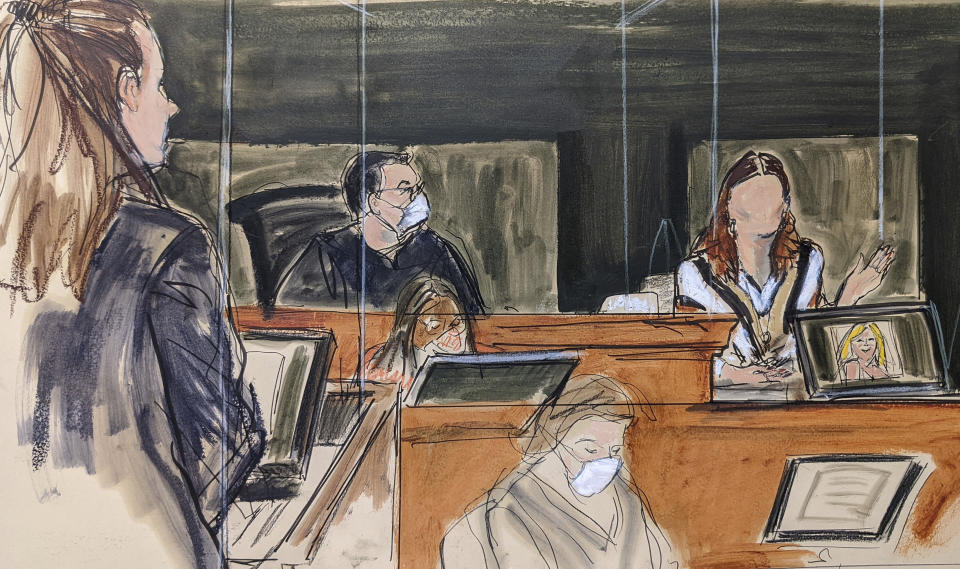In this courtroom sketch, a witness testifying under the pseudonym "Carolyn," right, is questioned by Assistant US Attorney Maurene Comey, left, questions her about her experiences with Jeffery Epstein, during proceedings in Ghislaine Maxwell's sex-abuse trial, in New York, Tuesday, Dec. 7, 2021. Judge Alison Nathan seated on the bench, center. (AP Photo/Elizabeth Williams)
