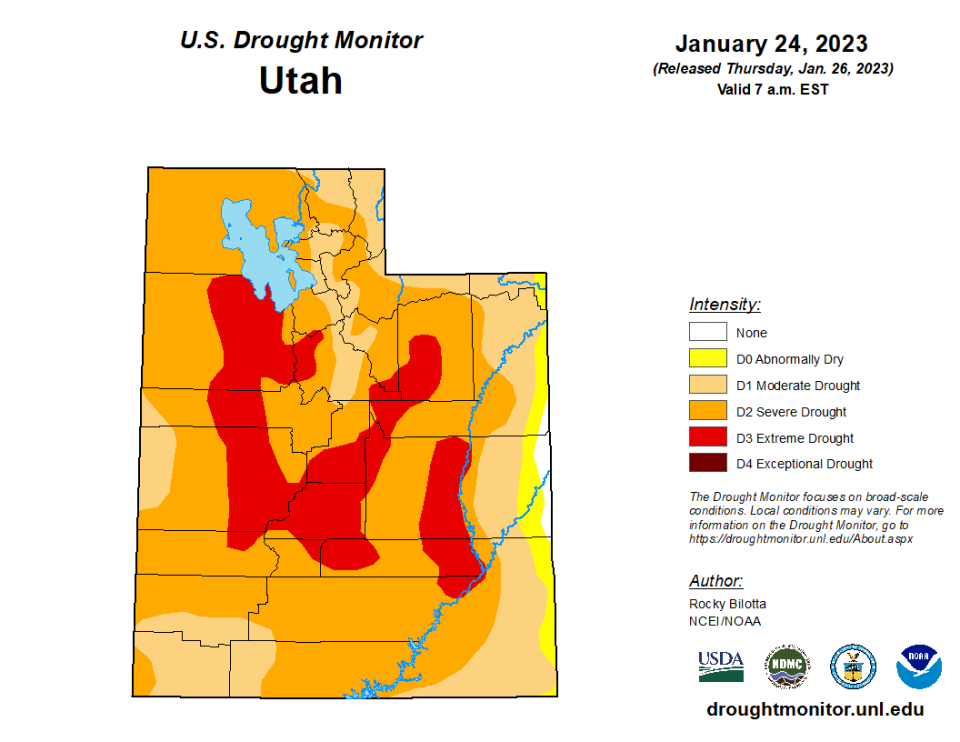 Despite recent snowfall, most of Utah is technically still in a drought, with years of below-average precipitation and higher-than-average temperatures having kept soil and vegetation drier than historical norms. The 2022-23 winter has been wetter than usual so far, though, and state water officials say they hope to see conditions improve by all-important spring runoff, when mountain snow melts and feeds the state's reservoirs.