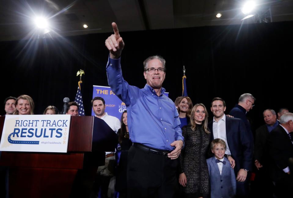 Republican Mike Braun reacts aduring an election night party, Tuesday, Nov. 6, 2018, in Indianapolis, after defeating Sen. Joe Donnelly, D-Ind.