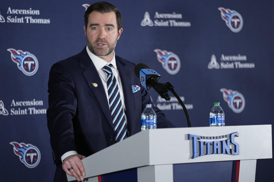 Tennessee Titans new head football coach Brian Callahan speaks during his introductory news conference at the NFL team's training facility Thursday, Jan. 25, 2024, in Nashville, Tenn. (AP Photo/George Walker IV)