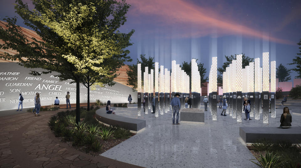 FILE - This rendering provided by Clark County, Nev., on June 2, 2023, shows one of five potential designs for a permanent memorial to be built on the Las Vegas Strip in honor of the victims, survivors and first responders of the Oct. 1, 2017, mass shooting that left 60 dead and hundreds more injured at a country music festival in Las Vegas. The rampage was the deadliest mass shooting in modern America. On Wednesday, July 26, the Clark County 1 October Memorial Committee announced a final design for the permanent memorial. It's depicted in this rendering, which features 58 towering beams designed to look like candles. (Courtesy of Clark County via AP, File)