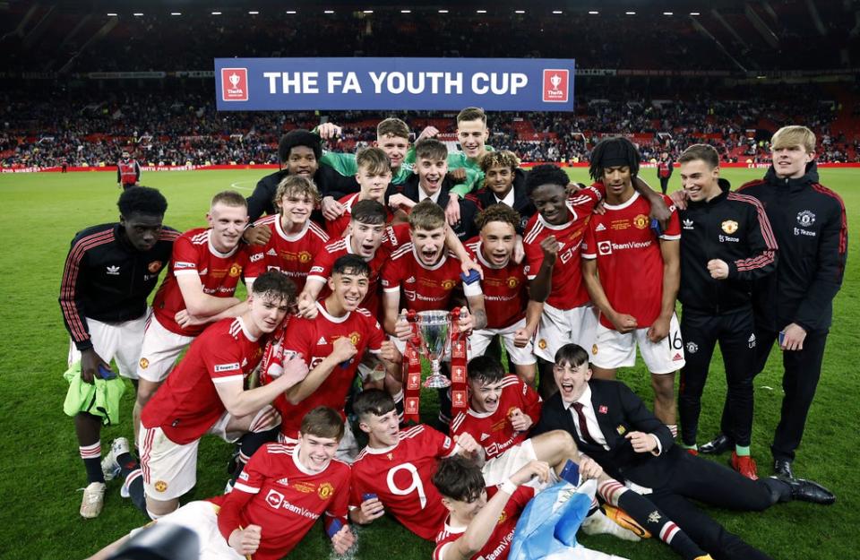 Manchester United players celebrate after winning the FA Youth Cup final (Richard Sellers/PA) (PA Wire)