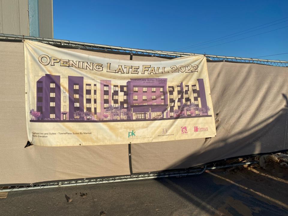 A banner at the site of a planned dual-Marriott hotel in Barstow touted an opening-day target of Fall 2022 as of Oct. 19. Nearly six months later, the banner had been removed with the hotel still in a mid-construction state.