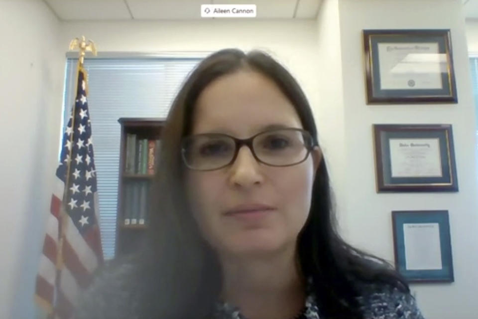 In this image from video provided by the U.S. Senate, Aileen M. Cannon speaks remotely during a Senate Judiciary Committee oversight nomination hearing to be U.S. District Court for the Southern District of Florida on July 29, 2020, in Washington. A pretrial conference Tuesday, July 18, 2023, to discuss procedures for handling classified information will represent the first courtroom arguments in the case before U.S. District Judge Aileen Cannon since former President Donald Trump was indicted five weeks ago. (U.S. Senate via AP)