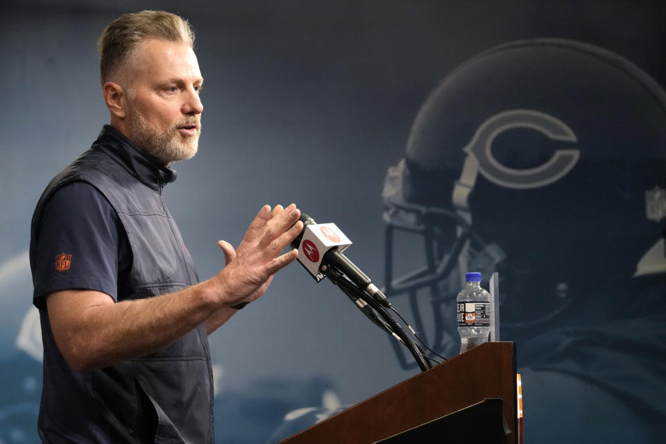 Chicago Bears head coach Matt Eberflus speaks during a news conference before the NFL football team's rookie camp at Halas Hall in Lake Forest, Ill., Friday, May 10, 2024. (AP Photo/Nam Y. Huh)