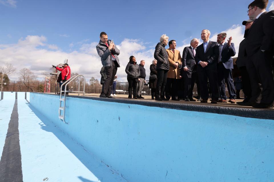 U.S. senators Elizabeth Warren and Ed Markey, U.S. Rep. Stephen Lynch and Mayor Robert Sullivan visited the Cosgrove Pool in Brockton on Friday, Feb. 24, 2023. The delegation was in city to celebrate securing $11 million for various Brockton projects, including a $3 million makeover of the pool.