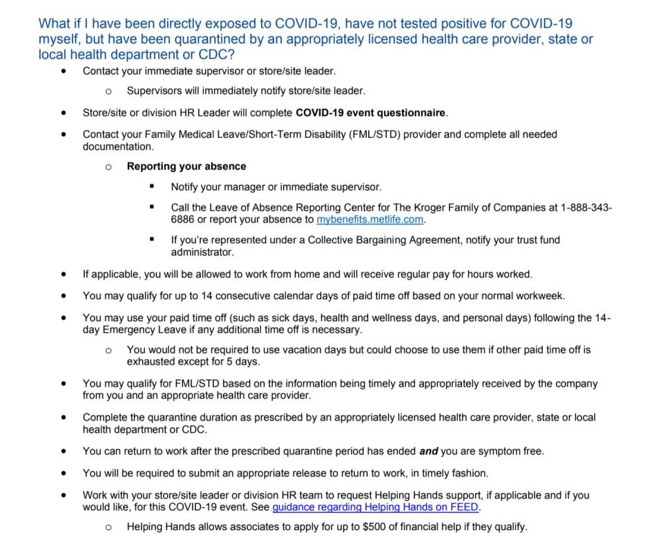 Part of Kroger guidelines for workers during the coronavirus pandemic. (Photo: HuffPost US)