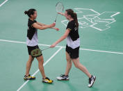 LONDON, ENGLAND - AUGUST 01: Alex Bruce (R) and Michelle Li of Canada celebrate beating Leanne Choo and Renuga Veeran of Australia in their Women's Doubles Badminton on Day 5 of the London 2012 Olympic Games at Wembley Arena at Wembley Arena on August 1, 2012 in London, England. (Photo by Michael Regan/Getty Images)