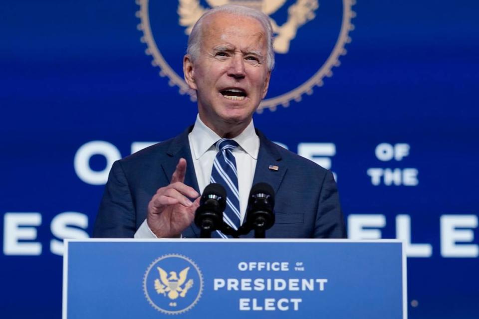 President-elect Joe Biden speaks at The Queen theater, Tuesday, Nov. 10, 2020, in Wilmington, Del.