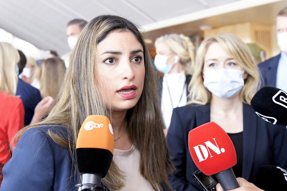 Nooshi Dadgostar, leader of the Left Party, arrives at the Swedish Parliament for the distrust voting, Stockholm, June 21, 2021. Sweden's Prime Minister Stefan Lofven faces a no-confidence vote in the Riksdag parliament, after the Left Party said this week that it had lost confidence in Lofven and his center-left minority government. (Anders Wiklund / TT via AP)