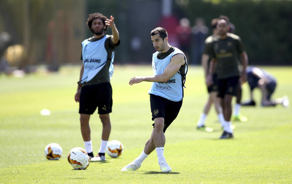 Arsenal's Henrikh Mkhitaryan during a training session at London Colney, England, Tuesday May 21, 2019, ahead of the Europa League Final against Chelsea on Wednesday May 29. (Tim Goode/PA via AP)