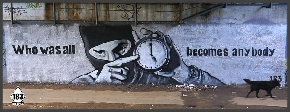 A work of Russian street artist Pasha P183 is shown in this image taken from his website. A prominent Russian graffiti artist that hid his identity under alias Pasha P183 and has been compared to Britain’s Banksy for his bold style and anonymity has died in Moscow Monday at the age of 29. The Teatralnoye Delo theatrical production company announced Wednesday April 3, 2013, the artist died on Monday without elaborating. (AP Photo/183art.ru)