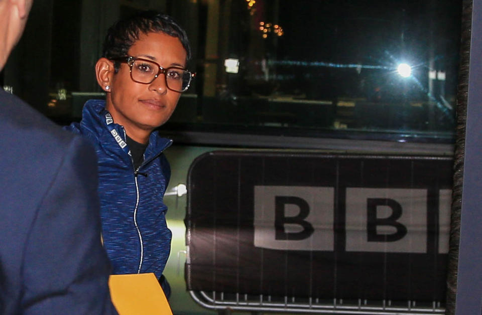 Naga Munchetty arrives at MediaCityUK in Salford to host BBC Breakfast for the first time since she was at the centre of an impartiality row over her criticism of Donald Trump. PA Photo. Picture date: Thursday October 3, 2019. It is her first on-screen appearance on the BBC Breakfast sofa since a ruling originally made by the BBCs Executive Complaints Unit (ECU) was overturned by the corporations Director-General Tony Hall. See PA story MEDIA Munchetty. Photo credit should read: Peter Byrne/PA Wire (Photo by Peter Byrne/PA Images via Getty Images)