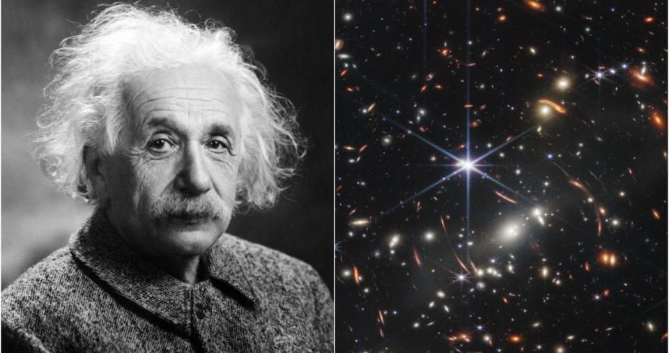 Albert Einsteins (links) allgemeine Relativitätstheorie wurde durch unzählige Untersuchungen des nahen Universums bewiesen. Aber im tiefen Weltraum (rechts) scheint sie zu versagen. - Copyright: MPI, Getty Images/NASA, ESA, CSA, STScI