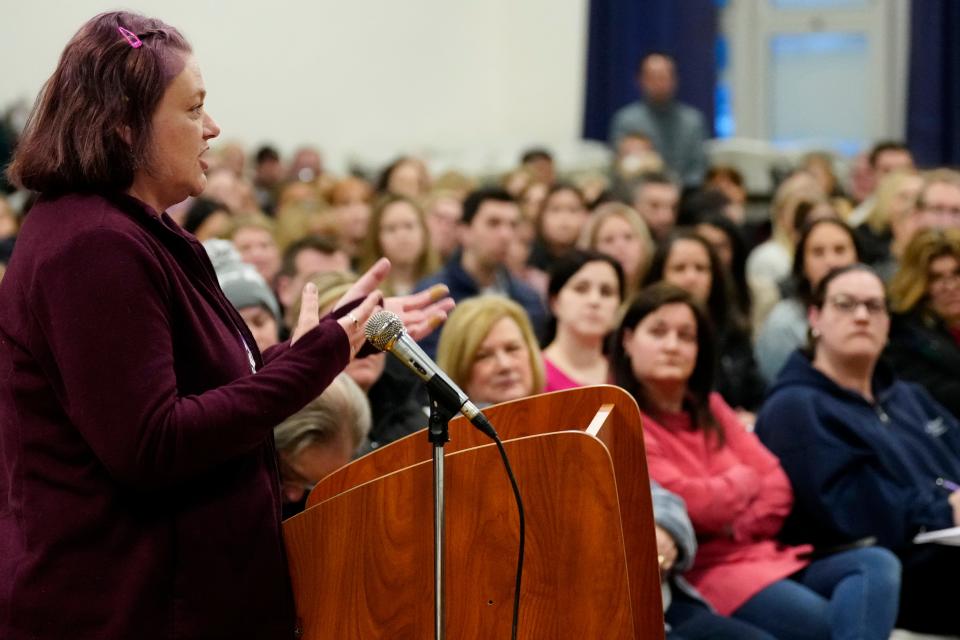 Liz McClafferty and others addressed the Lincoln Park Board of Education stating they do not want to see teachers fired. They stated that they want to know why there is an economic shortfall in the budget, Tuesday March 19, 2024.