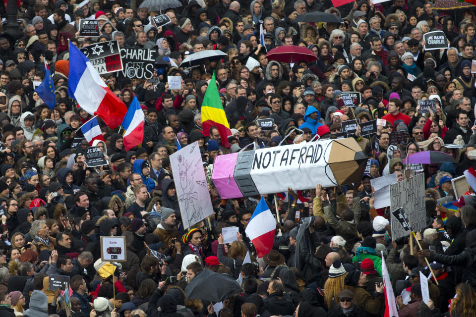 The crowd at Republique square in Paris, France, Sunday, Jan. 11, 2015. (AP Photo/Peter Dejong)