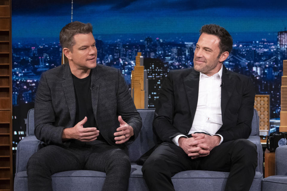 THE TONIGHT SHOW STARRING JIMMY FALLON -- Episode 1535 -- Pictured: (l-r) Actor Matt Damon and actor Ben Affleck during an interview on Wednesday, October 13, 2021 -- (Photo By: Charles Sykes/NBC/NBCU Photo Bank via Getty Images)