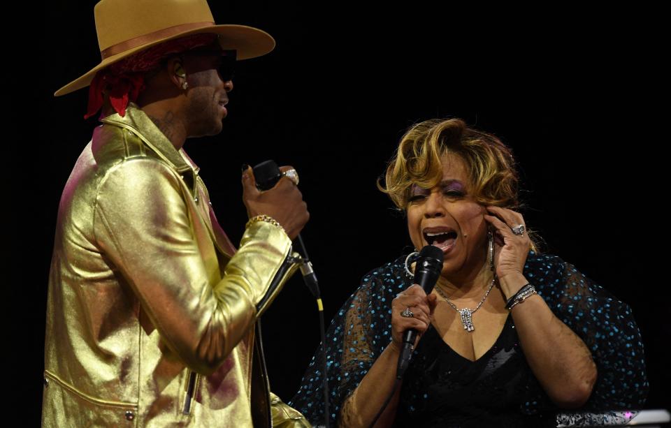 Singers Jimmie Allen and Valerie Simpson perform on stage during the 2023 MusiCares Persons of the Year gala honoring Berry Gordy and Smokey Robinson at the LA Convention Center in Los Angeles, February 3, 2023. (Photo by VALERIE MACON / AFP) (Photo by VALERIE MACON/AFP via Getty Images) ORIG FILE ID: AFP_338H3MB.jpg