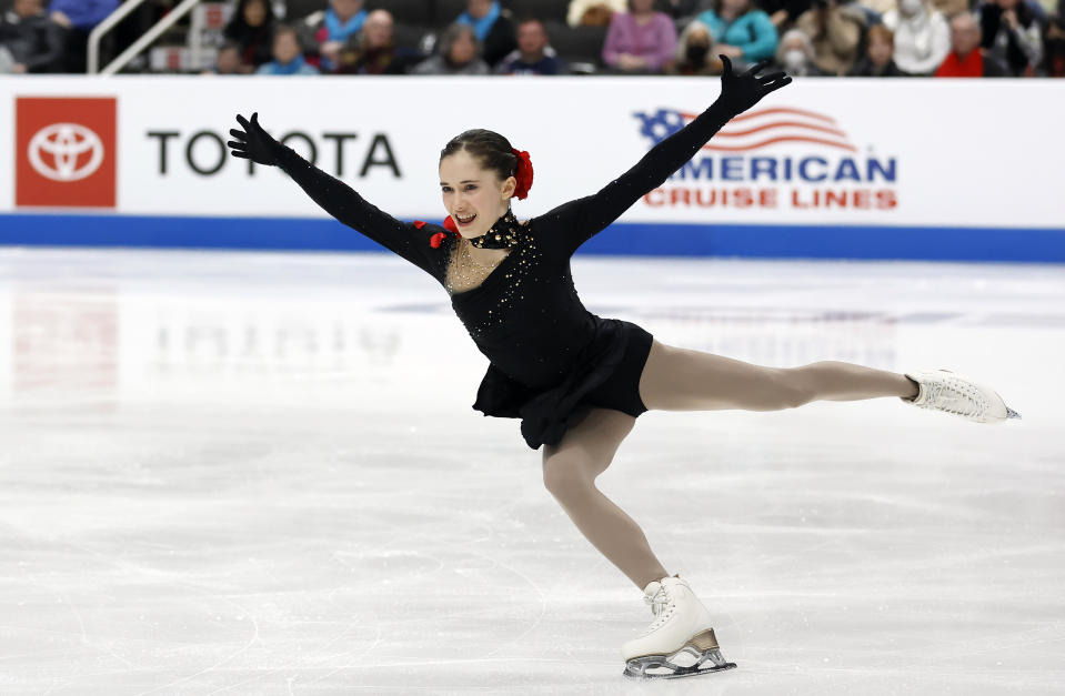FILE - Isabeau Levito performs during the women's short program at the U.S. figure skating championships in San Jose, Calif., Thursday, Jan. 26, 2023. Ilia Malinin and Isabeau Levito will try to defend their U.S. figure skating titles this weekend in Columbus, Ohio. (AP Photo/Josie Lepe, File)