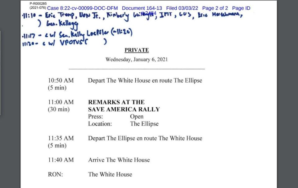   Page of then-President Donald Trump's White House schedule, Jan. 6, 2021. 